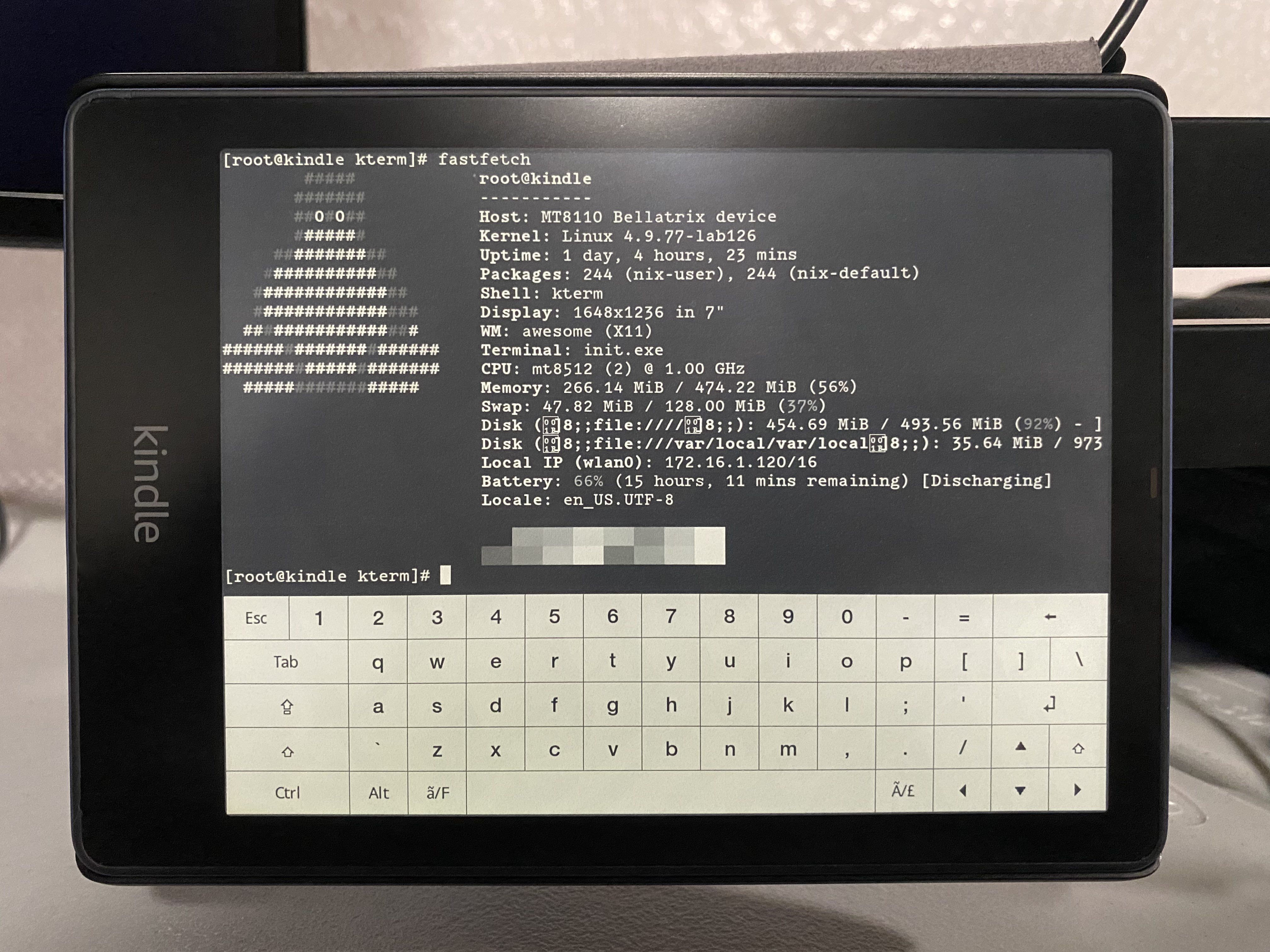 Fastfetch running through Nix on a jailbroken Amazon Kindle